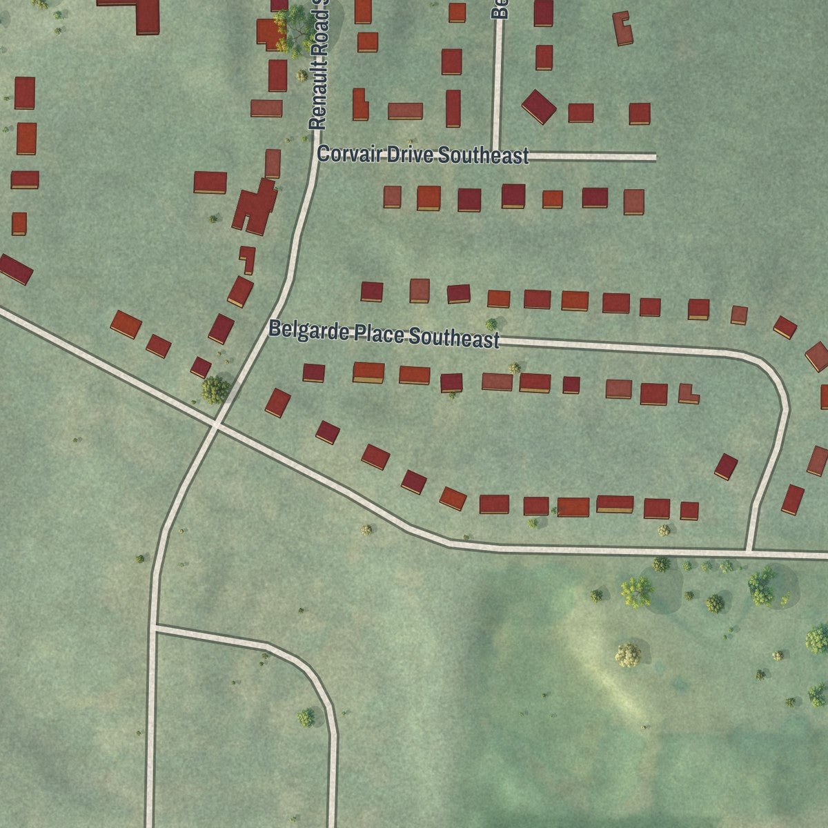 Close-up of the map of Orchard Knob, Georgia print showing street and building detail