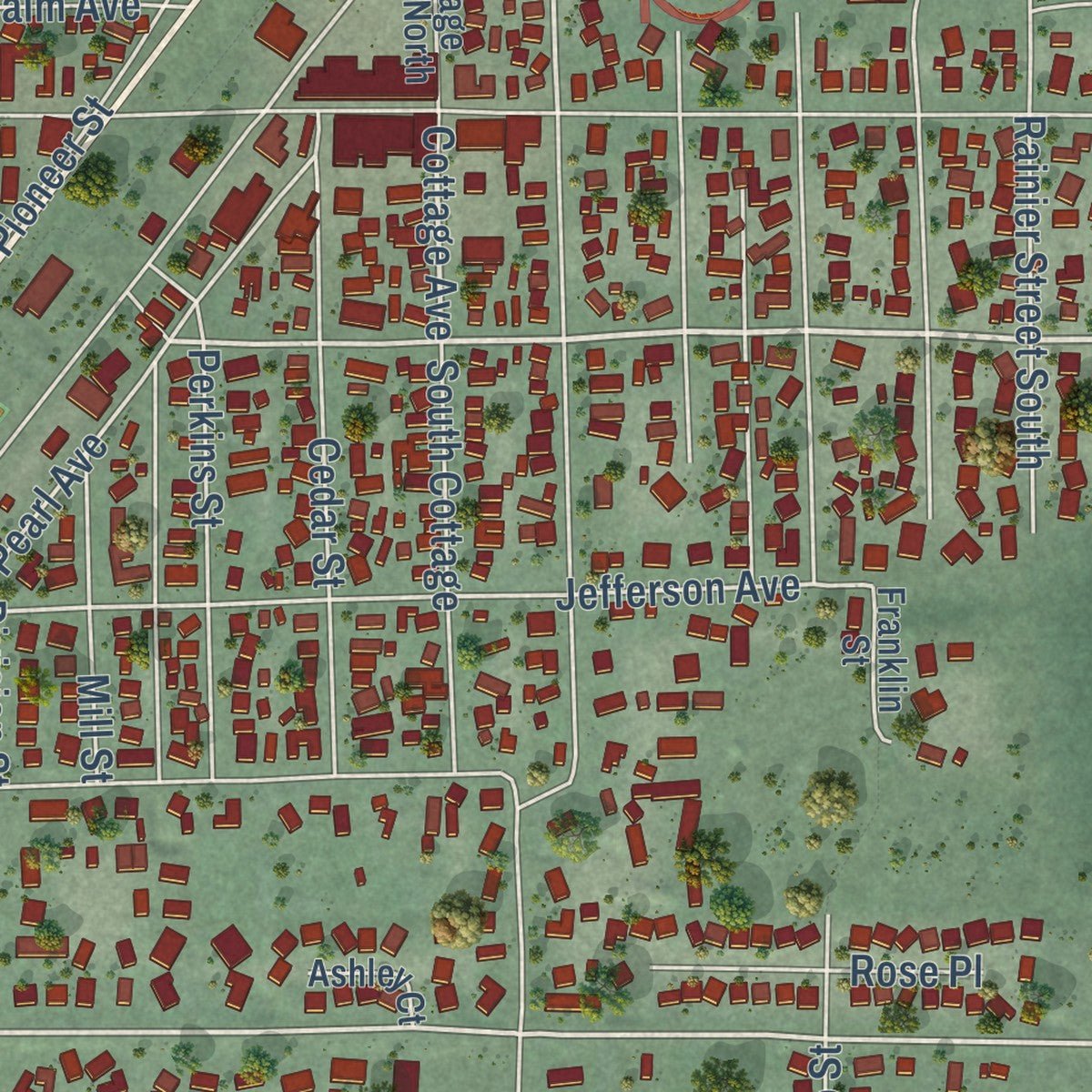 Close-up of the map of Buckley, Washington print showing street and building detail
