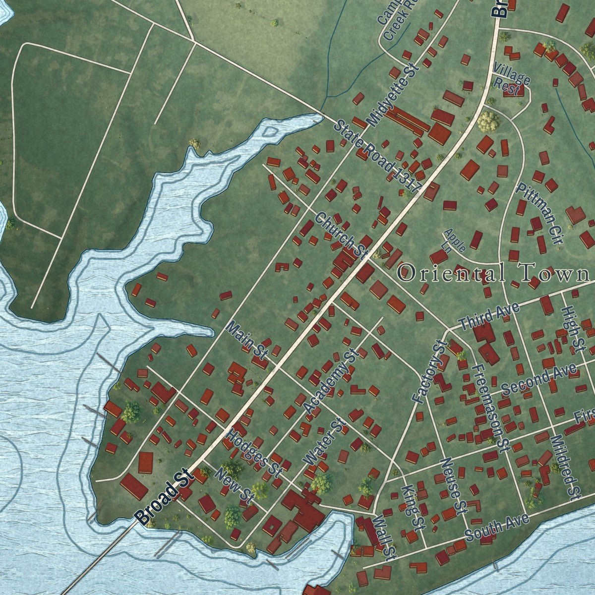 Close-up of the map of Oriental, North Carolina print showing street and building detail