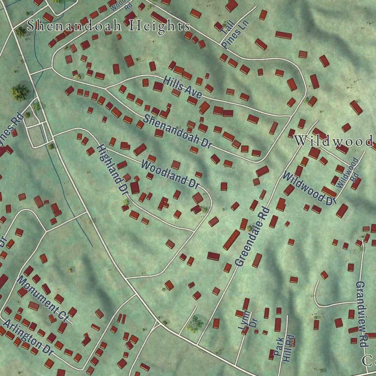 Close-up of the map of Pine Crest, Tennessee print showing street and building detail