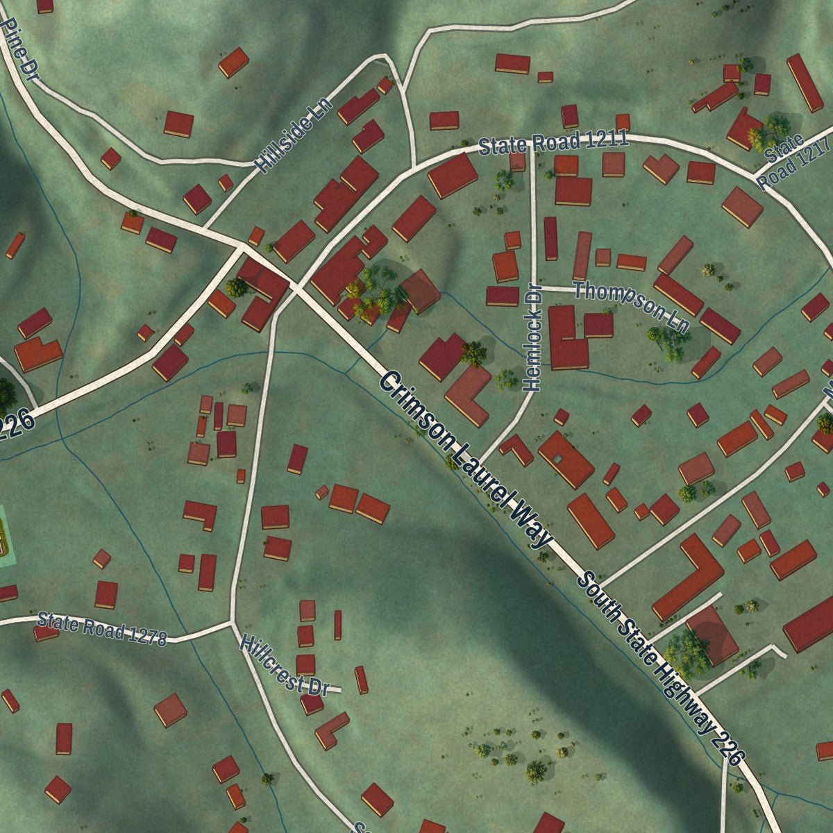 Close-up of the map of Bakersville, North Carolina print showing street and building detail