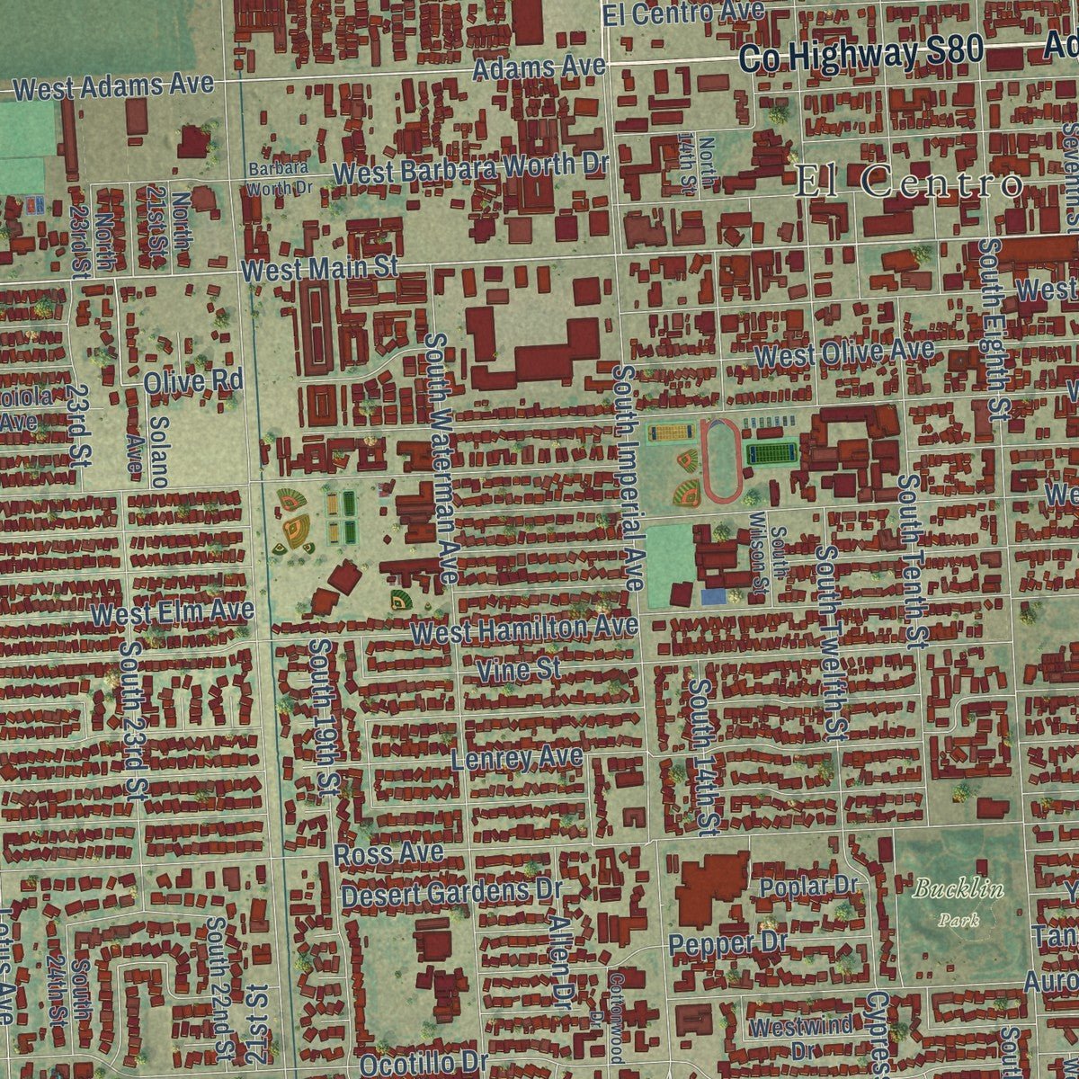 Close-up of the map of El Centro, California print showing street and building detail