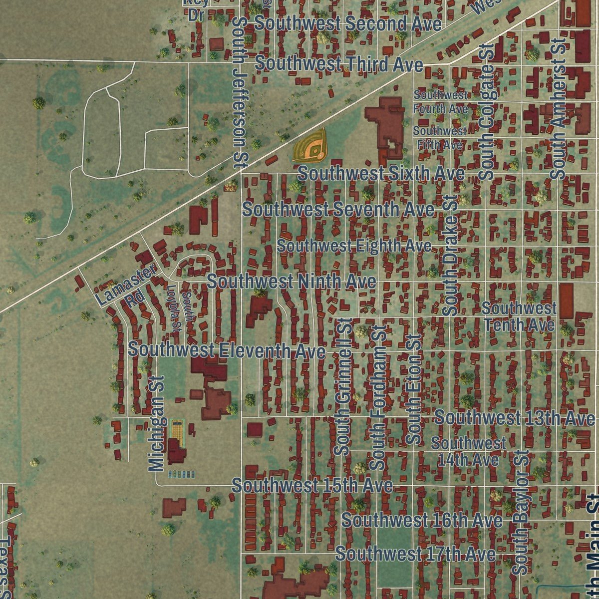 Close-up of the map of Perryton, Texas print showing street and building detail