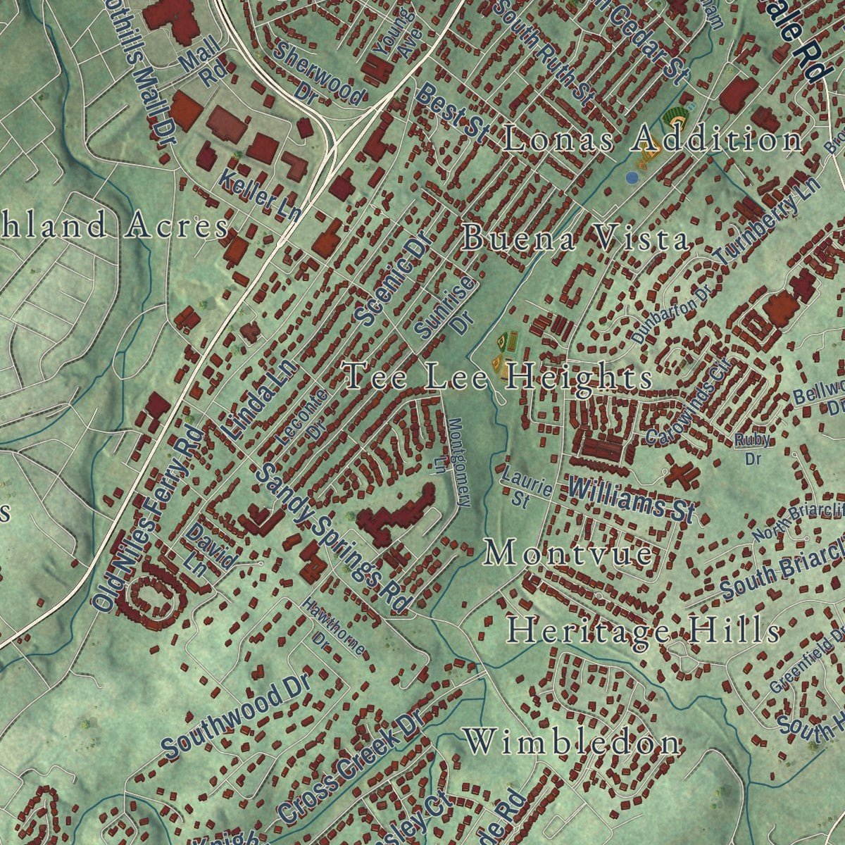 Close-up of the map of Maryville, Tennessee print showing street and building detail