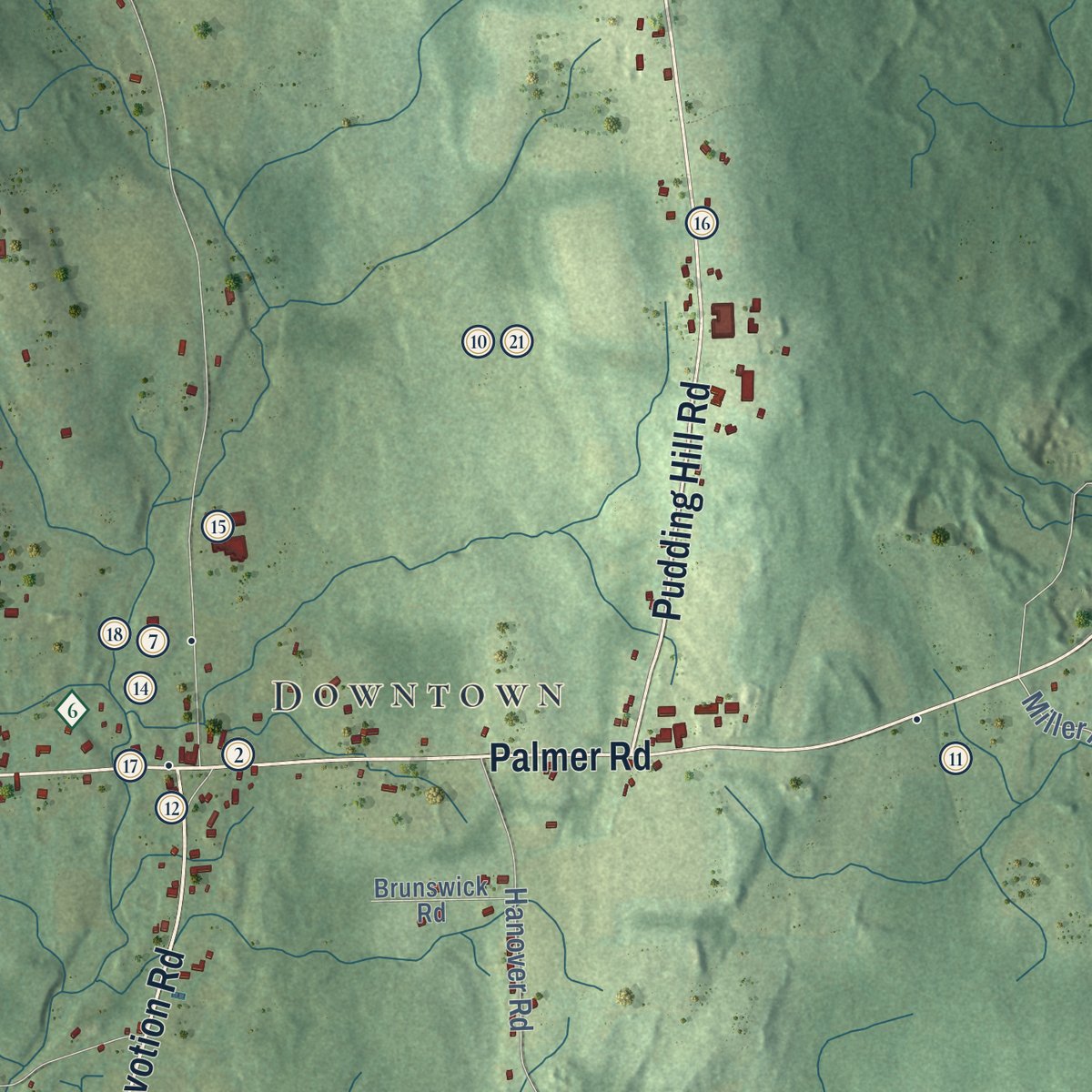 Close-up of the map of Scotland, Connecticut print showing street and building detail