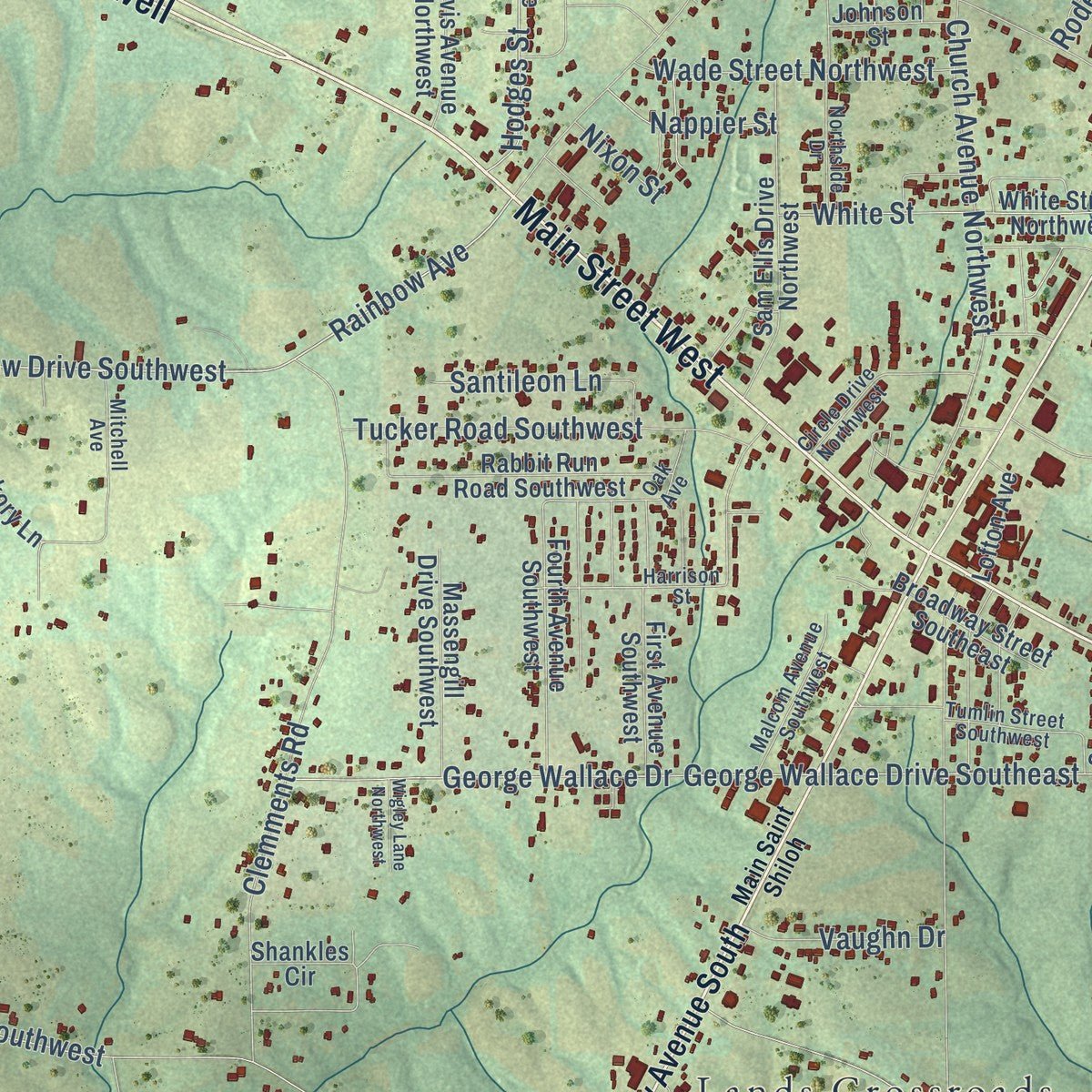 Close-up of the map of Rainsville, Alabama print showing street and building detail