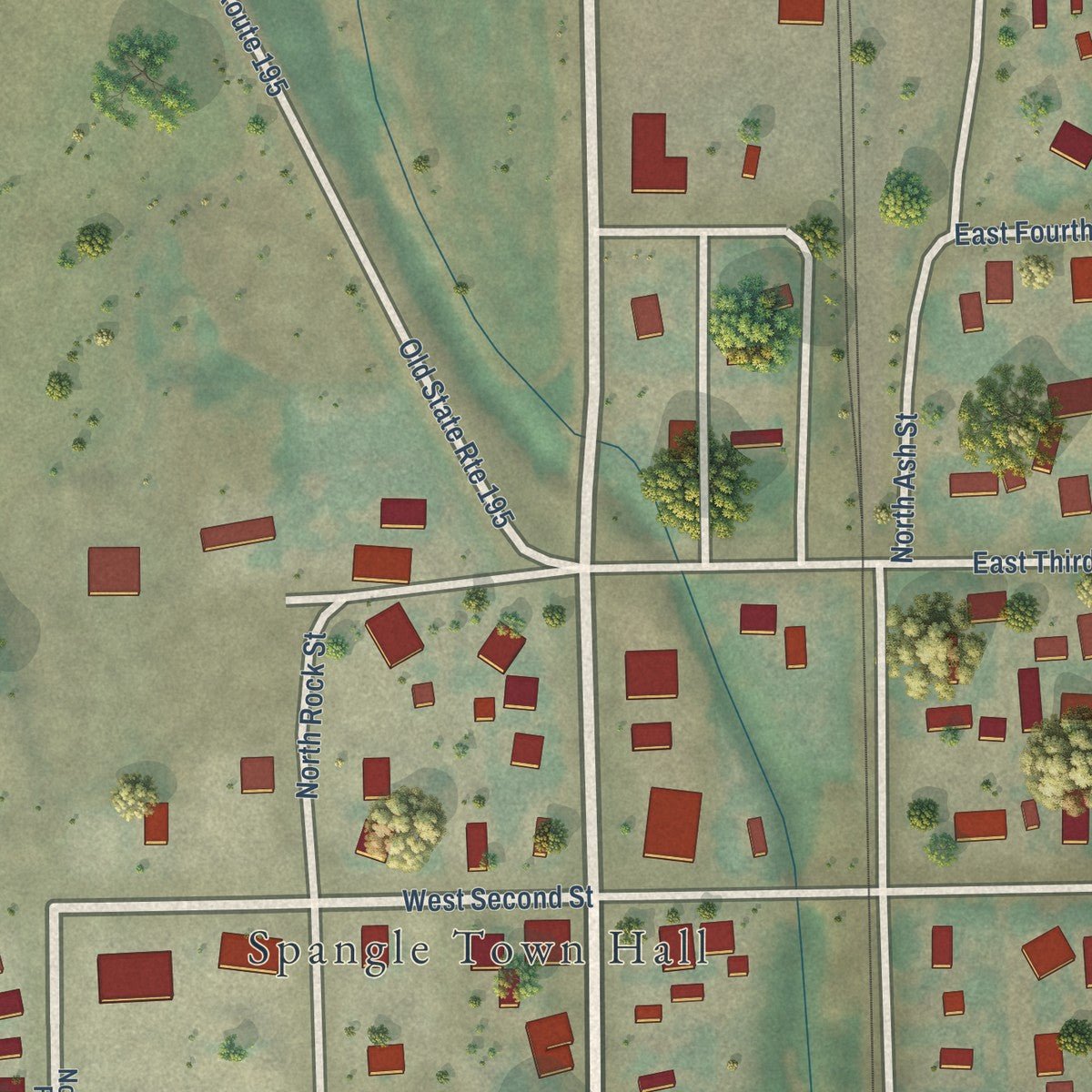 Close-up of the map of Spangle, Washington print showing street and building detail