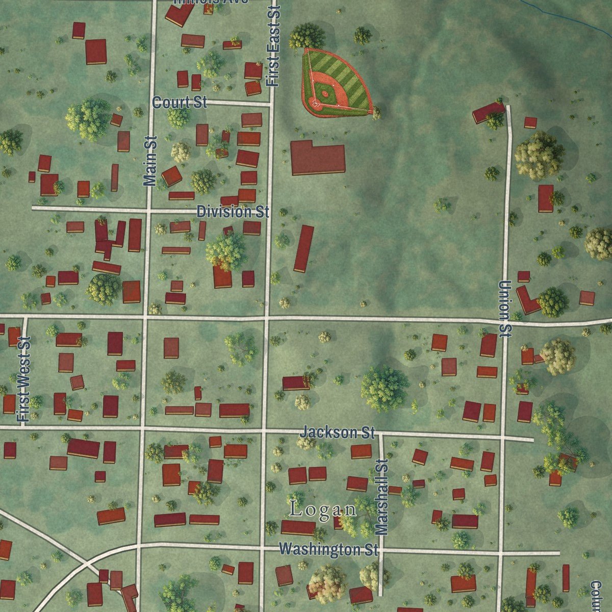 Close-up of the map of Hanaford, Illinois print showing street and building detail