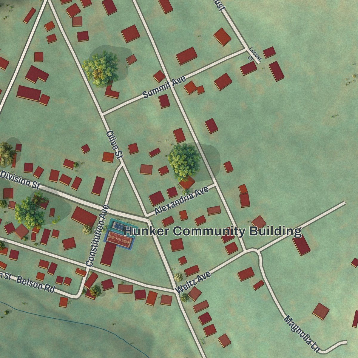 Close-up of the map of Hunker, Pennsylvania print showing street and building detail
