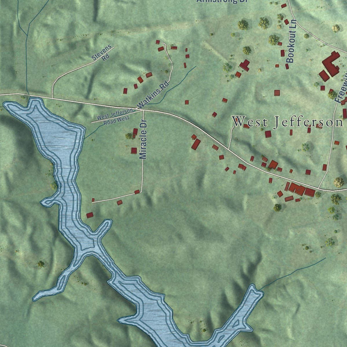 Close-up of the map of West Jefferson, Alabama print showing street and building detail