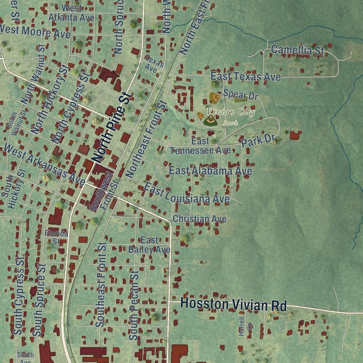 Close-up of the map of Vivian, Louisiana print showing street and building detail