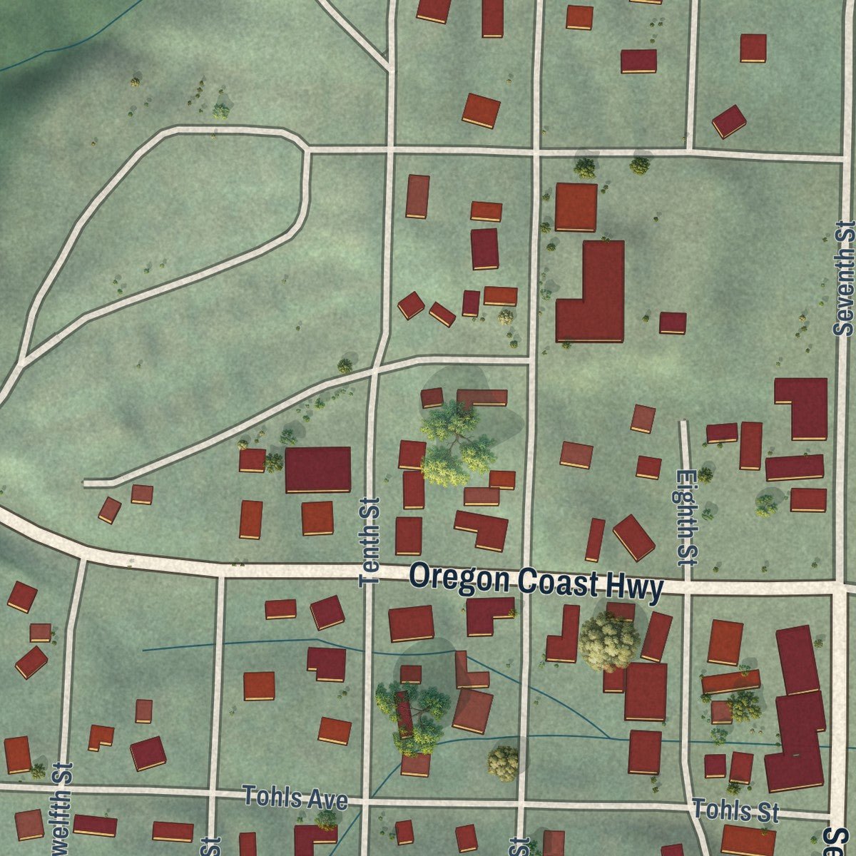 Close-up of the map of Nehalem, Oregon print showing street and building detail