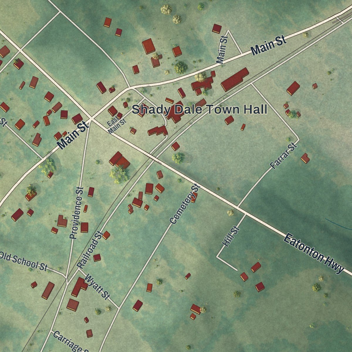 Close-up of the map of Shady Dale, Georgia print showing street and building detail