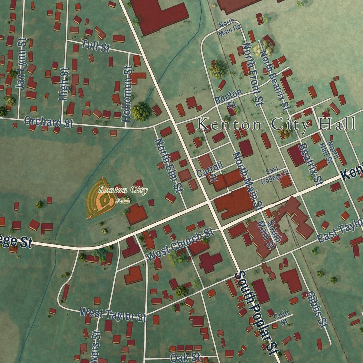 Close-up of the map of Kenton, Tennessee print showing street and building detail