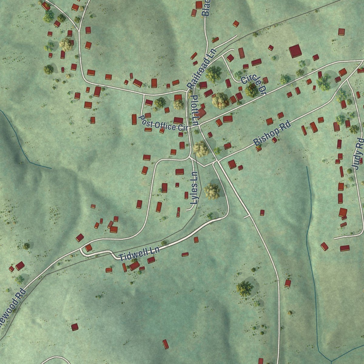 Close-up of the map of Lyles, Tennessee print showing street and building detail