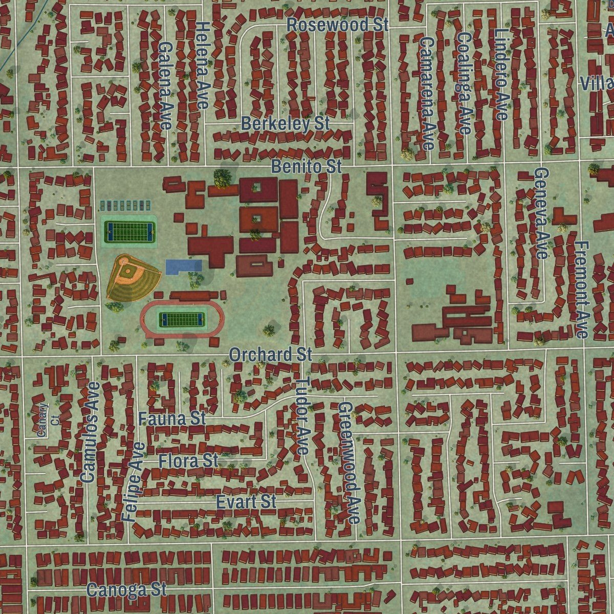 Close-up of the map of Montclair, California print showing street and building detail