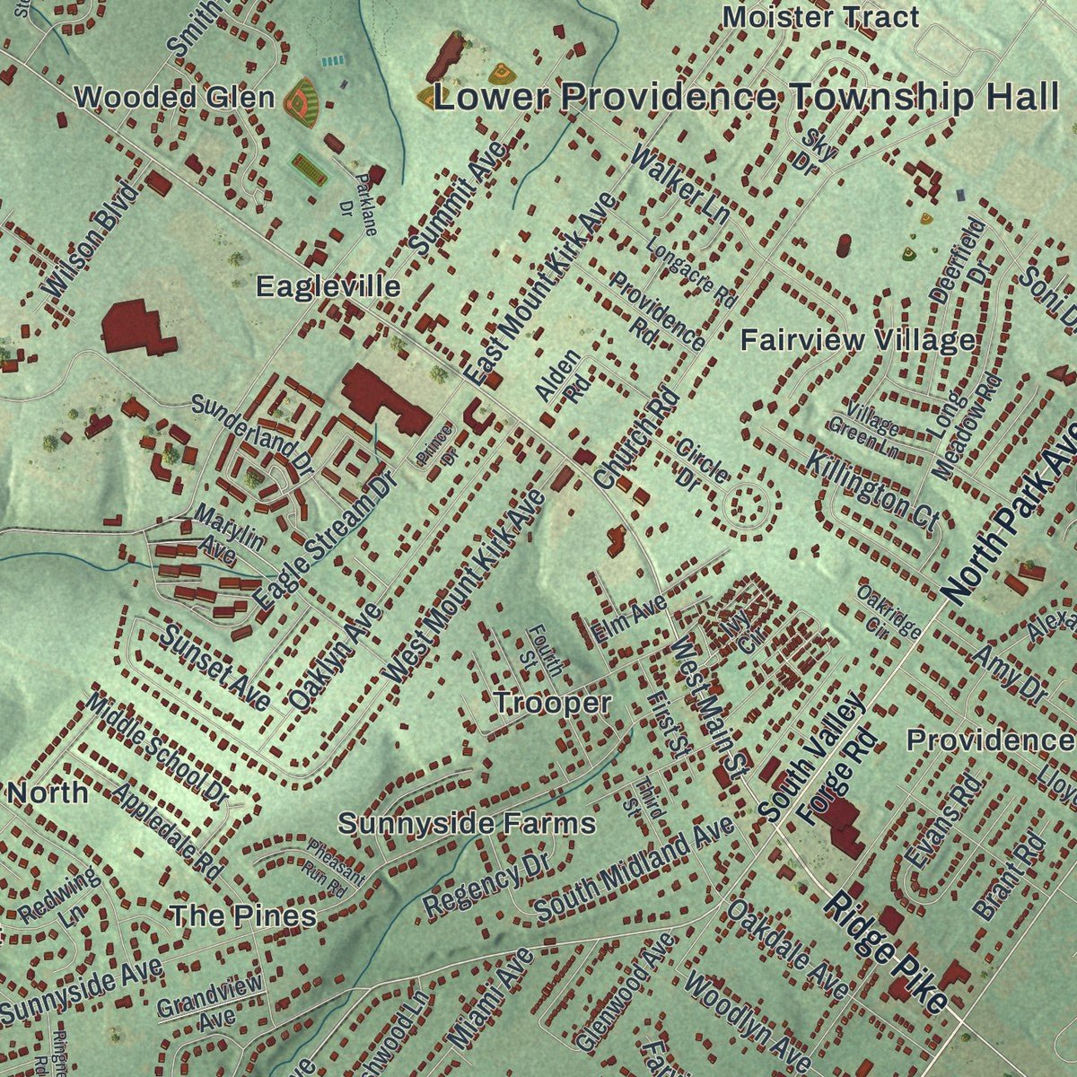 Close-up of the map of Lower Providence, Pennsylvania print showing street and building detail