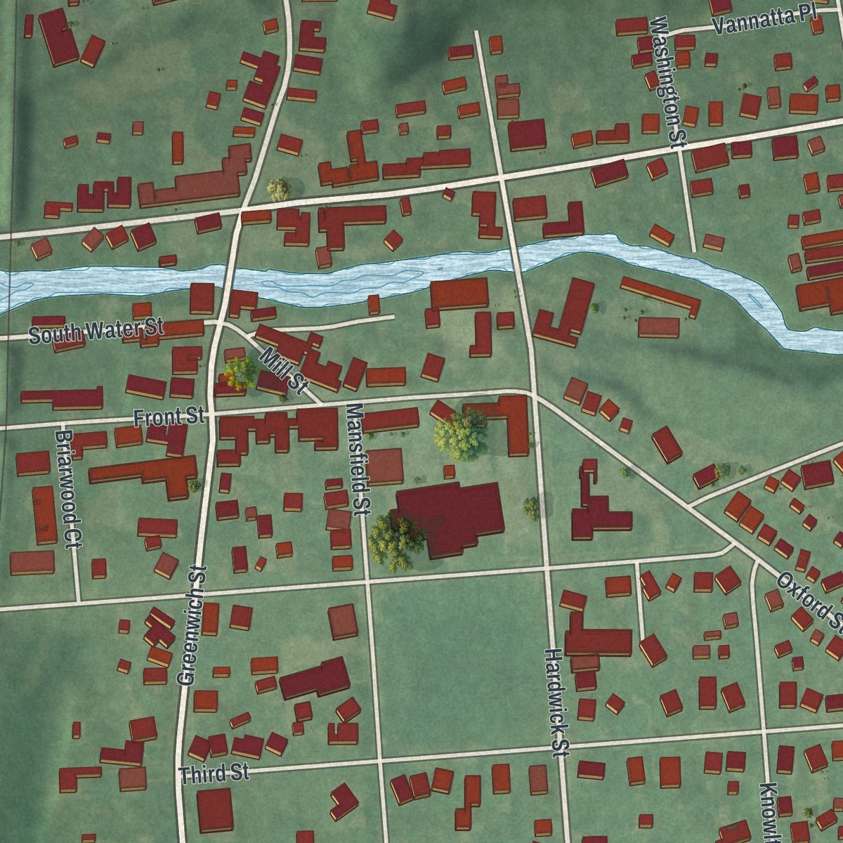 Close-up of the map of Belvidere, New Jersey print showing street and building detail