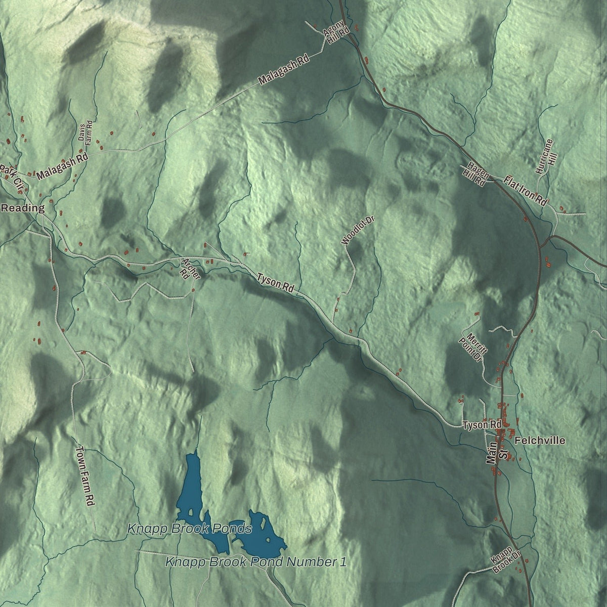 Close-up of the map of Reading, Vermont print showing streets and neighborhoods
