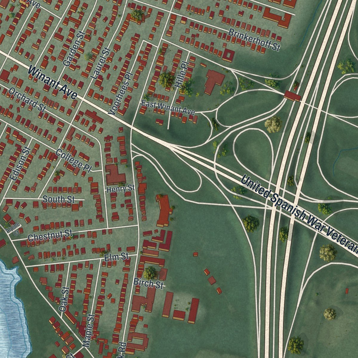 Close-up of the map of Ridgefield Park, New Jersey print showing street and building detail