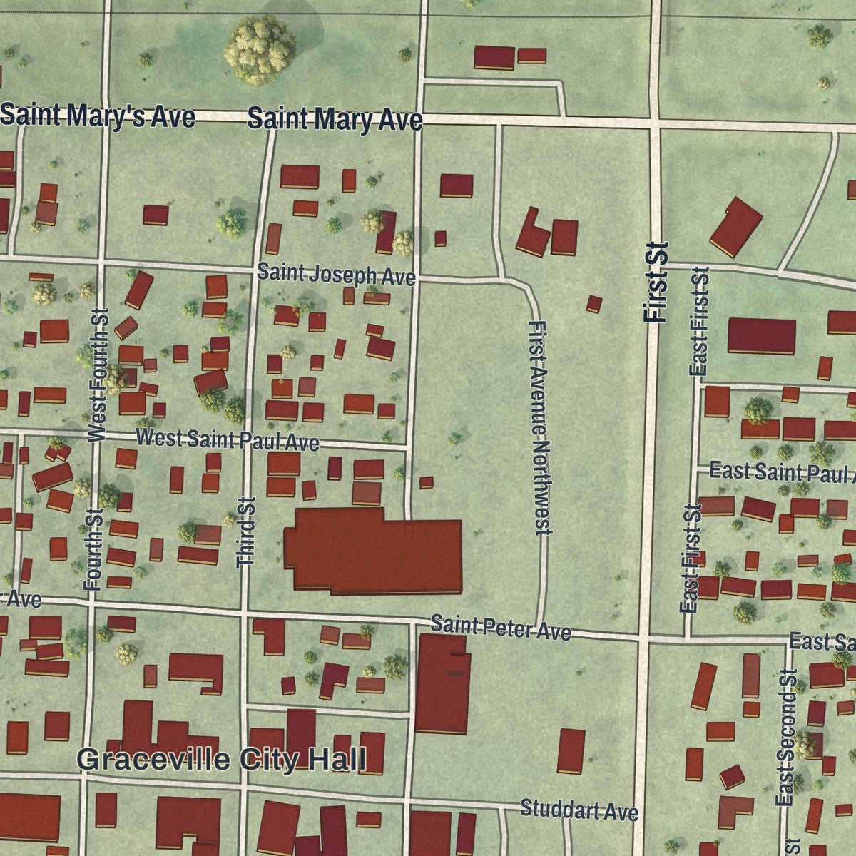 Close-up of the map of Graceville, Minnesota print showing street and building detail