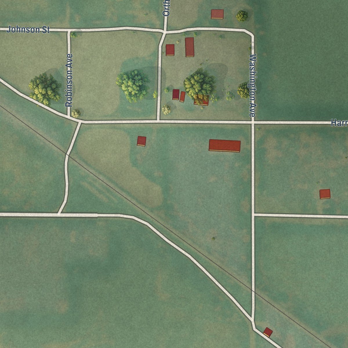 Close-up of the map of Loveland, Oklahoma print showing street and building detail