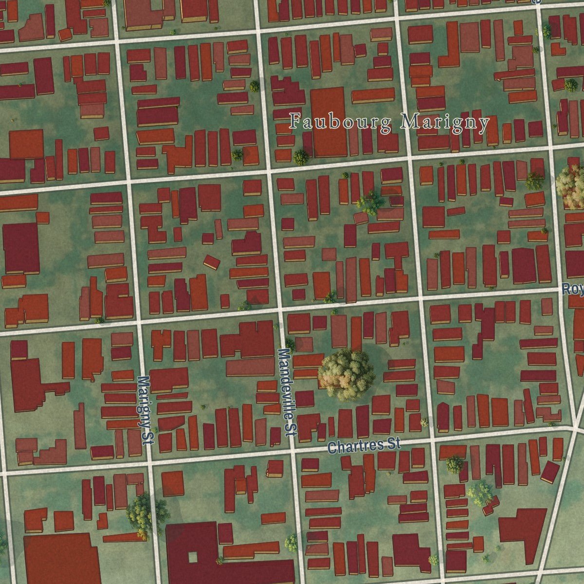 Close-up of the map of Marigny, Louisiana print showing street and building detail