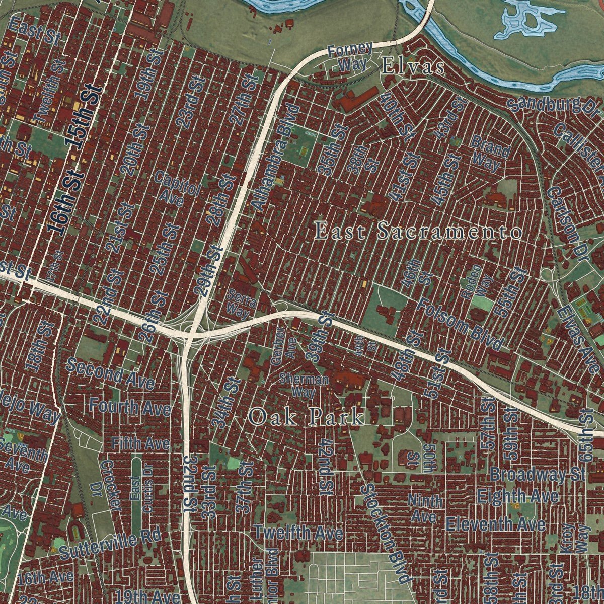 Close-up of the map of Sacramento, California print showing street and building detail