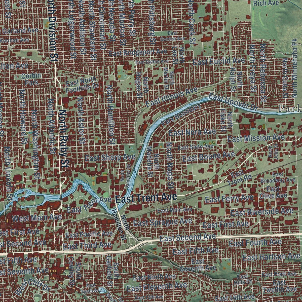 Close-up of the map of Spokane, Washington print showing street and building detail