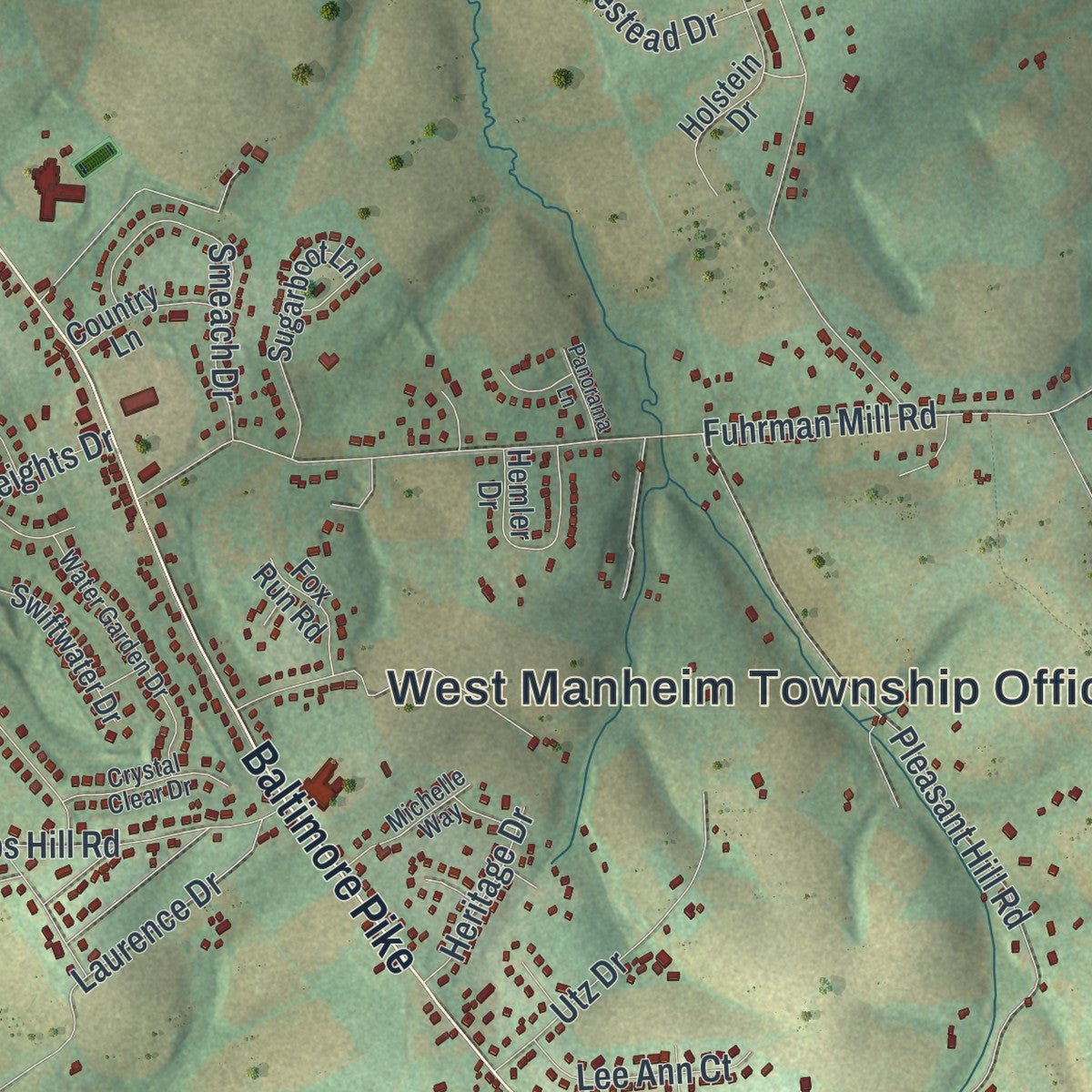 Close-up of the map of West Manheim, Pennsylvania print showing street and building detail