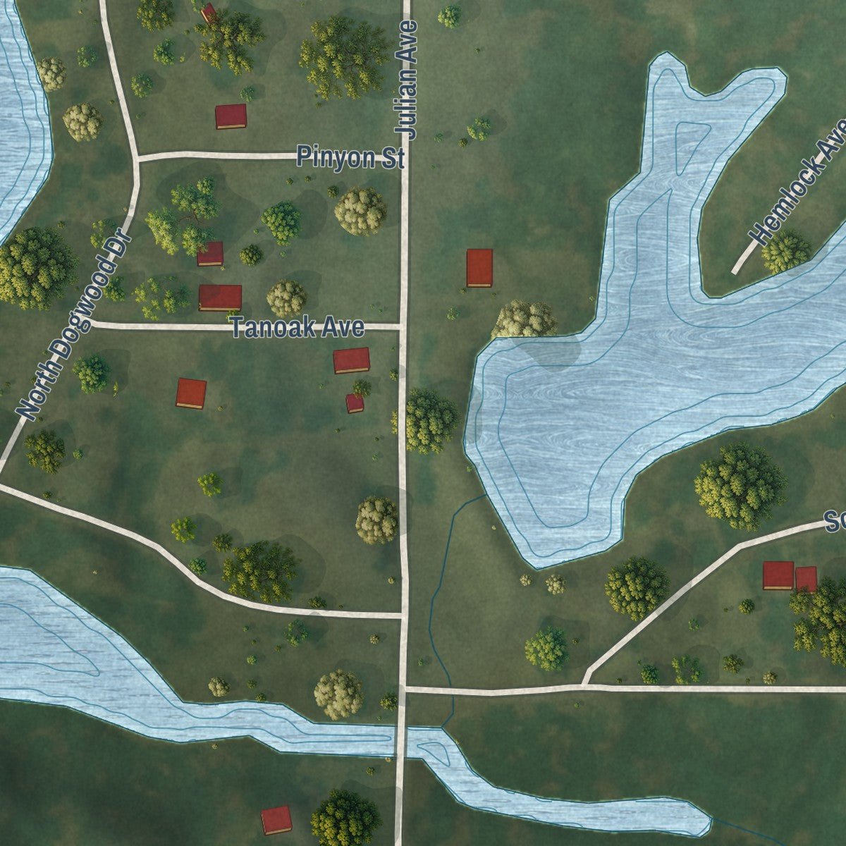Close-up of the map of Royal Lakes, Illinois print showing street and building detail