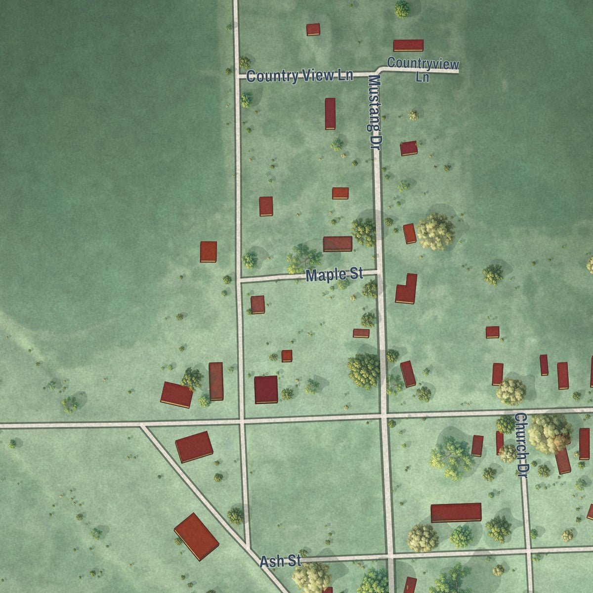 Close-up of the map of Nunda, South Dakota print showing street and building detail