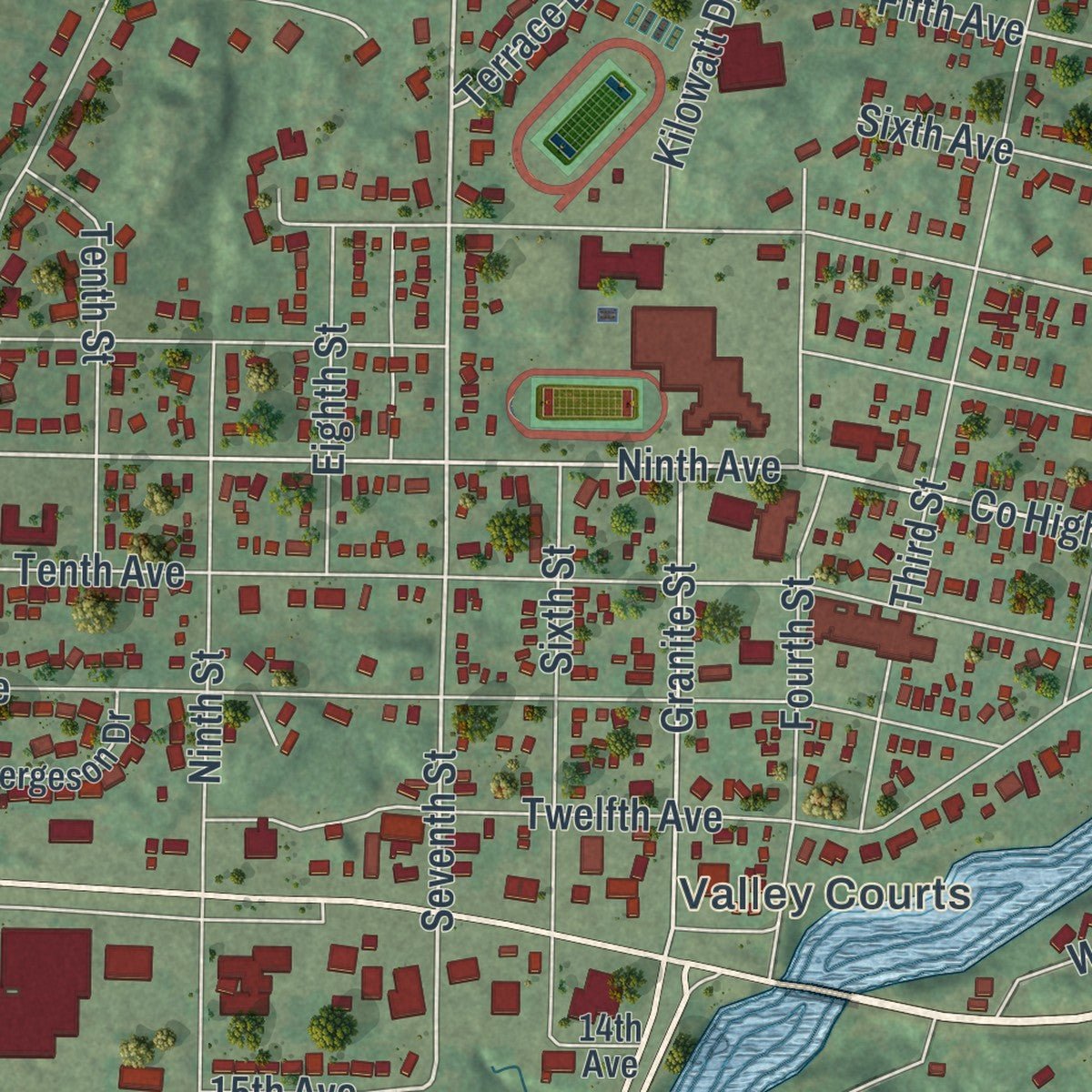 Close-up of the map of Granite Falls, Minnesota print showing street and building detail