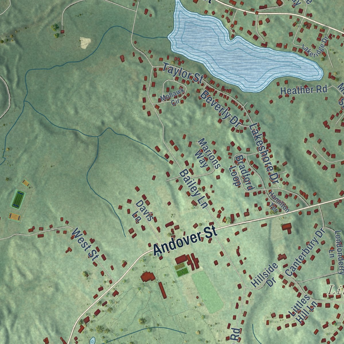 Close-up of the map of Georgetown, Massachusetts print showing street and building detail