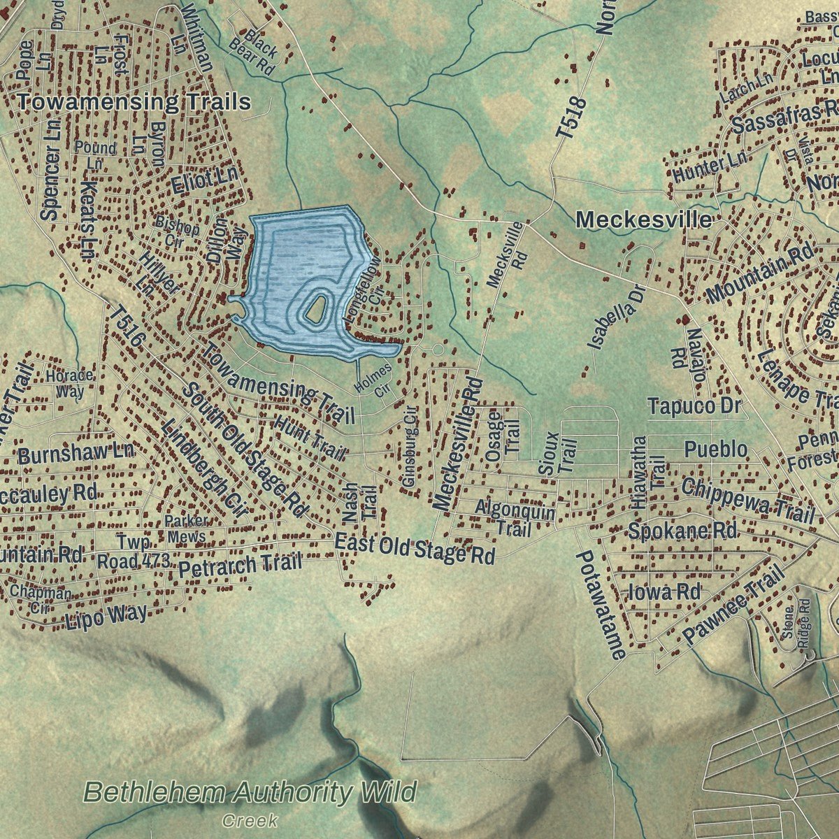 Close-up of the map of Penn Forest, Pennsylvania print showing street and building detail
