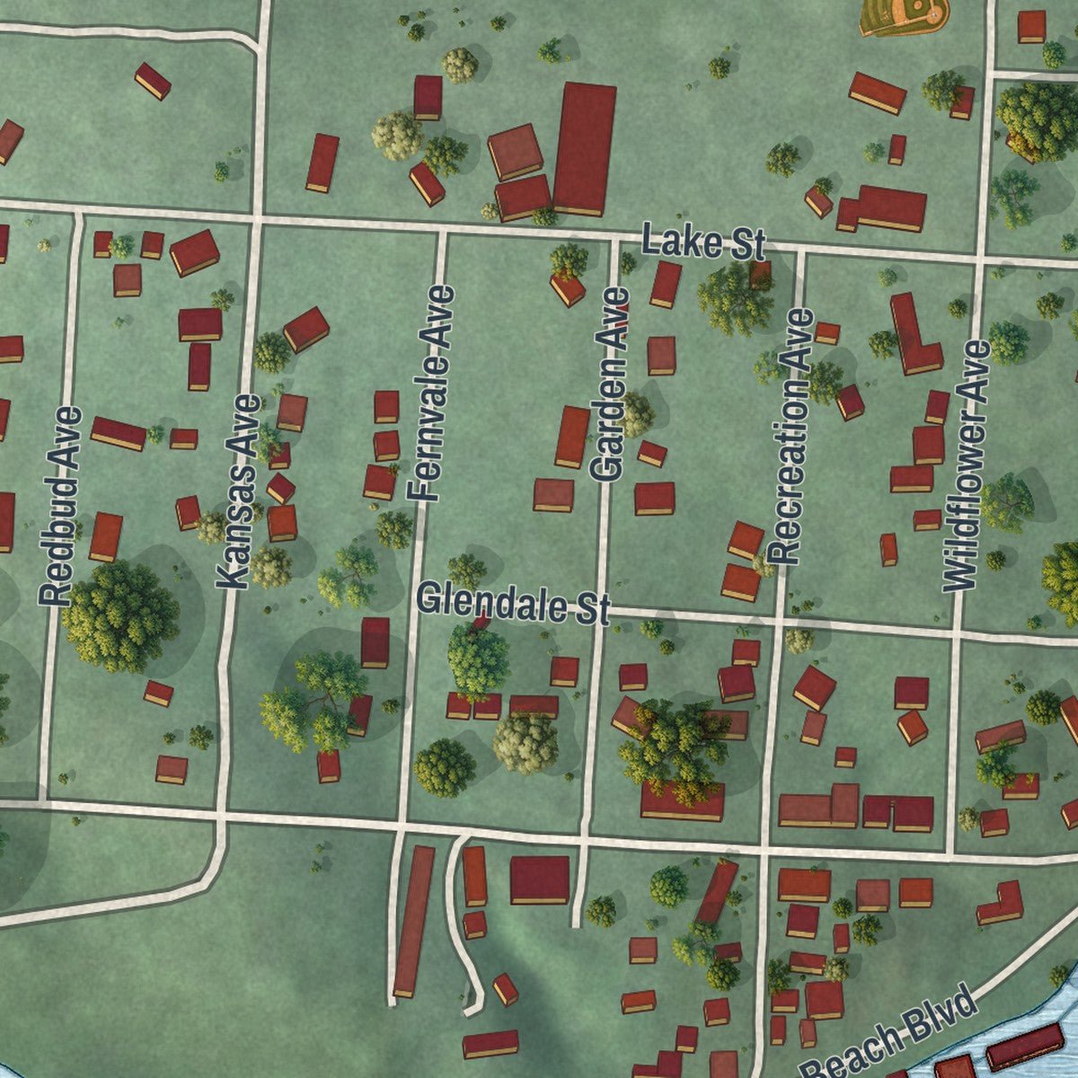 Close-up of the map of Rockaway Beach, Missouri print showing street and building detail