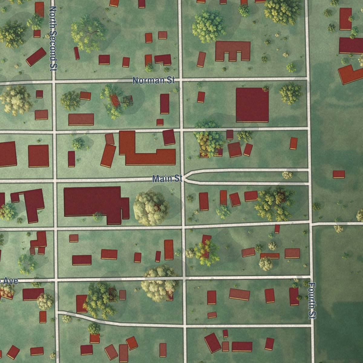 Close-up of the map of Petersburg, Nebraska print showing street and building detail