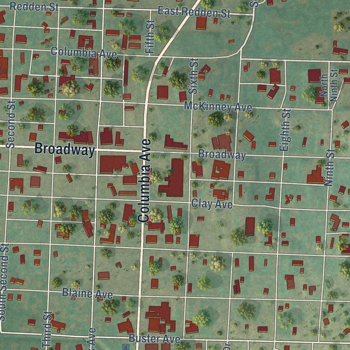 Close-up of the map of Cheyenne, Oklahoma print showing street and building detail