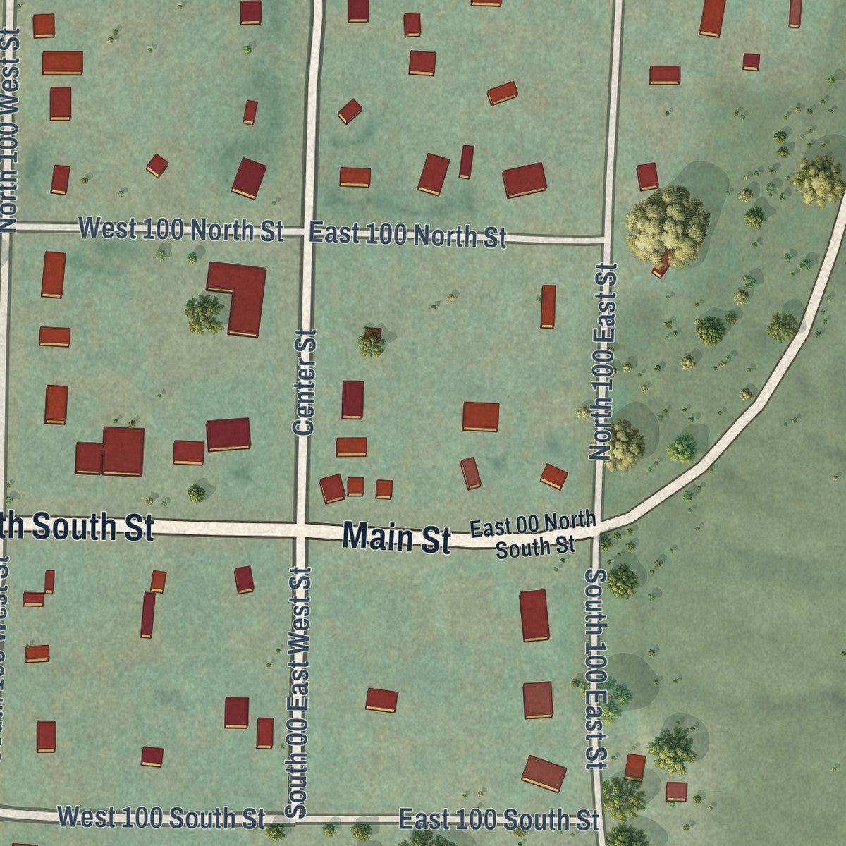 Close-up of the map of Henrieville, Utah print showing street and building detail