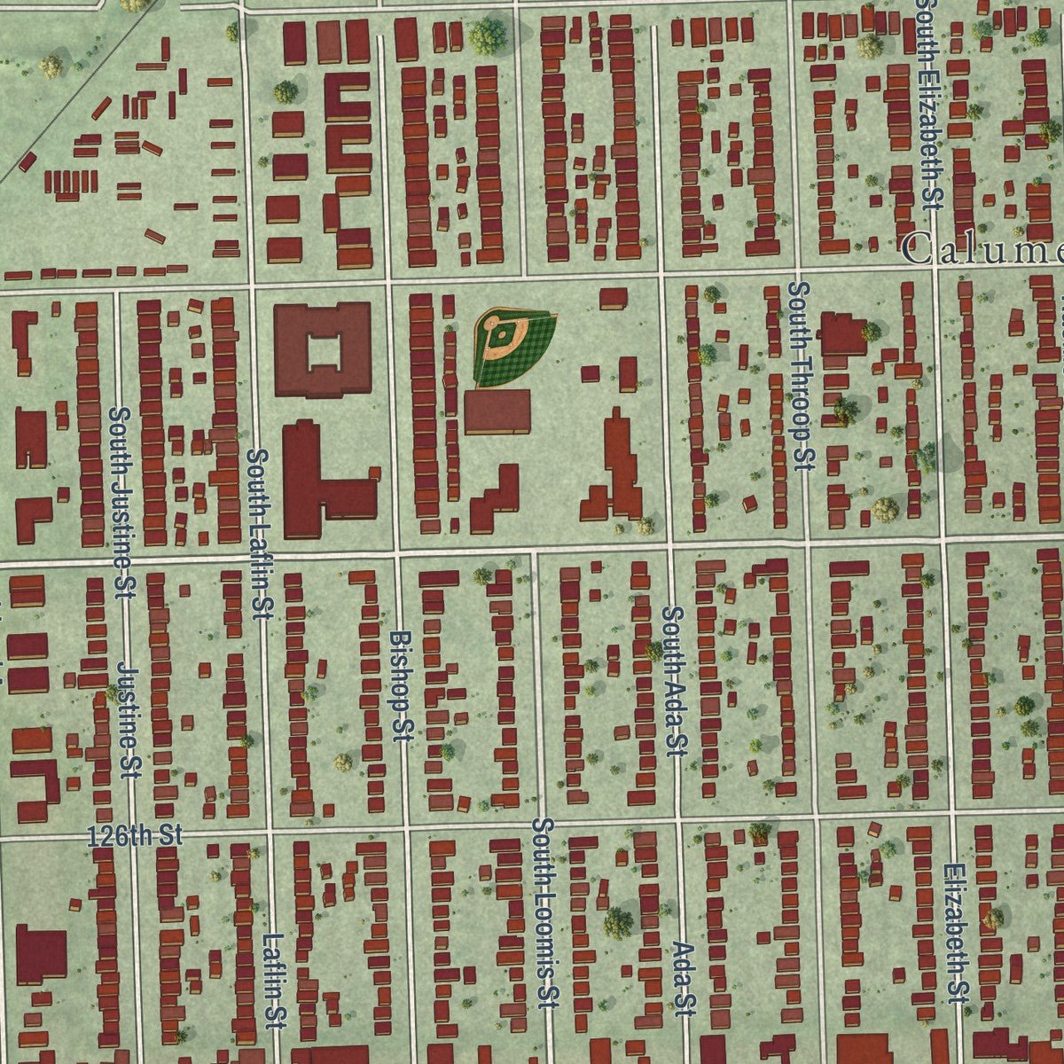 Close-up of the map of Calumet Park, Illinois print showing street and building detail