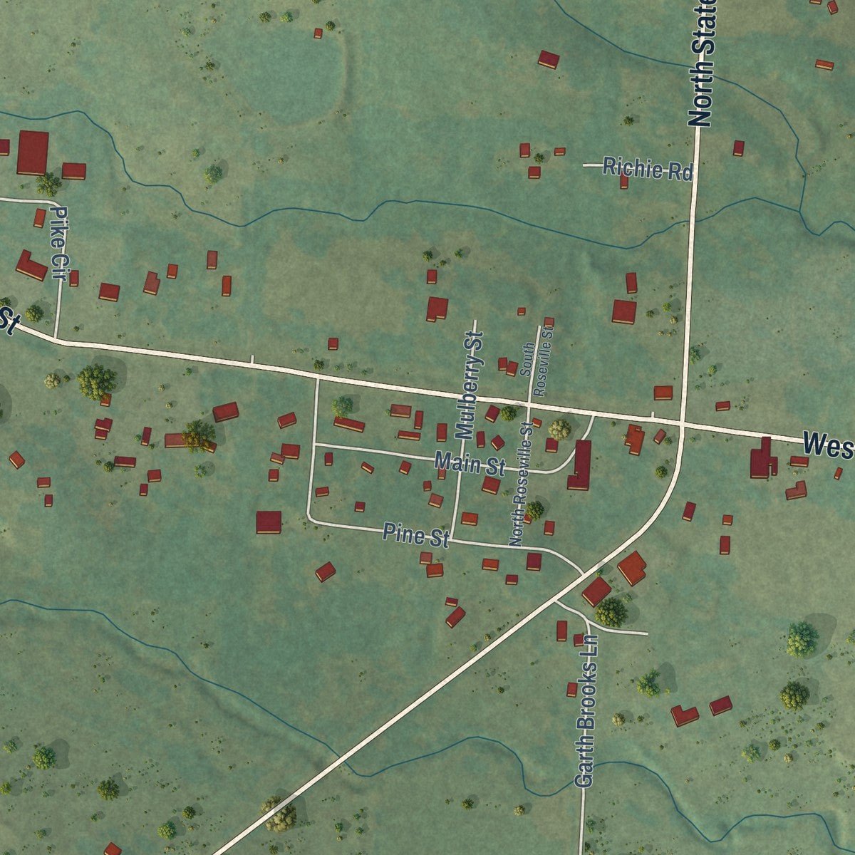 Close-up of the map of Caulksville, Arkansas print showing street and building detail