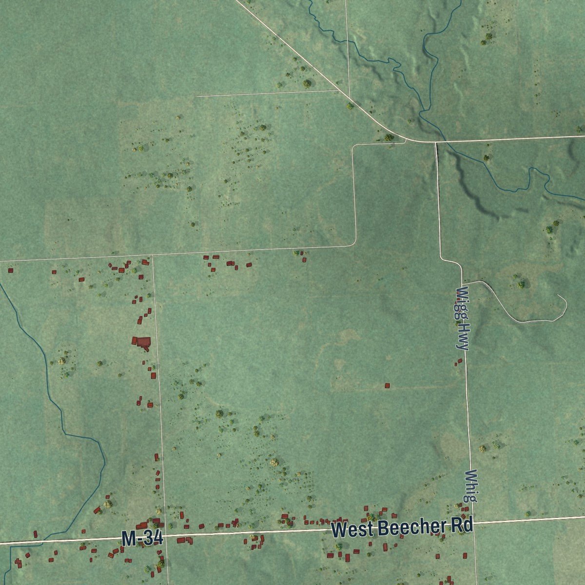 Close-up of the map of Dover, Lenawee County, Michigan print showing street and building detail