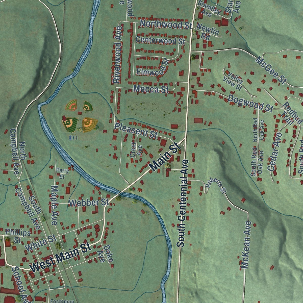 Close-up of the map of West Fork, Arkansas print showing street and building detail