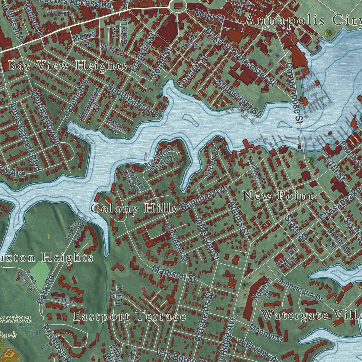 Close-up of the map of Annapolis, Maryland print showing street and building detail