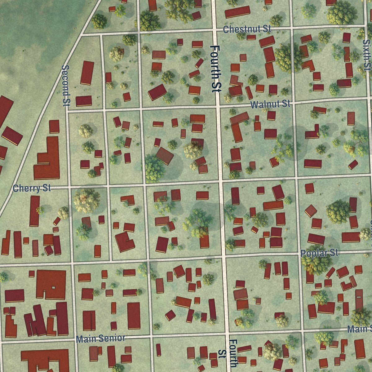 Close-up of the map of Scotland, South Dakota print showing street and building detail