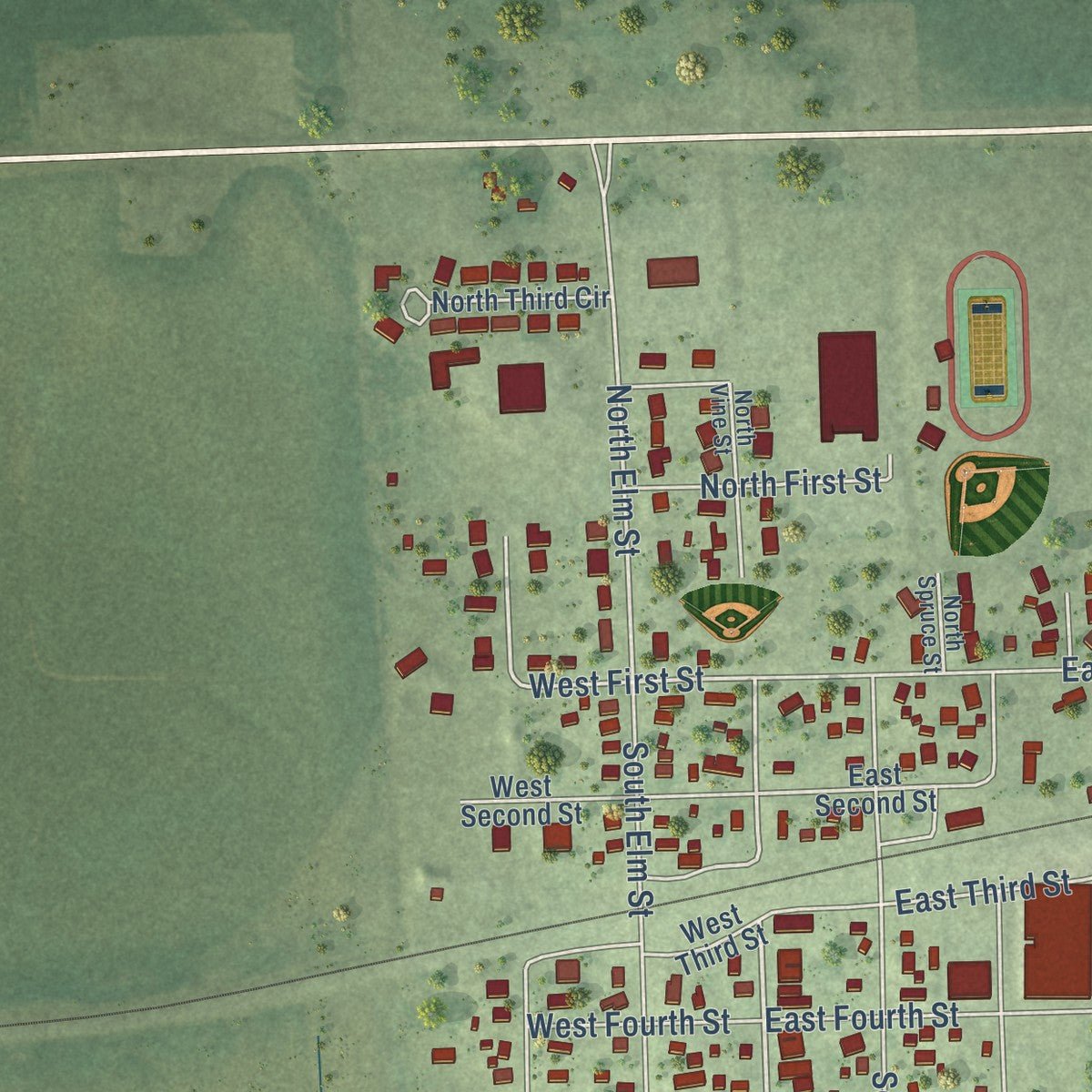 Close-up of the map of Mead, Nebraska print showing street and building detail