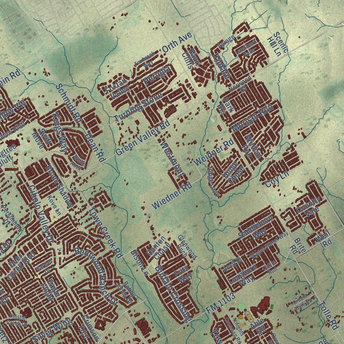 Close-up of the map of Cibolo, Texas print showing street and building detail