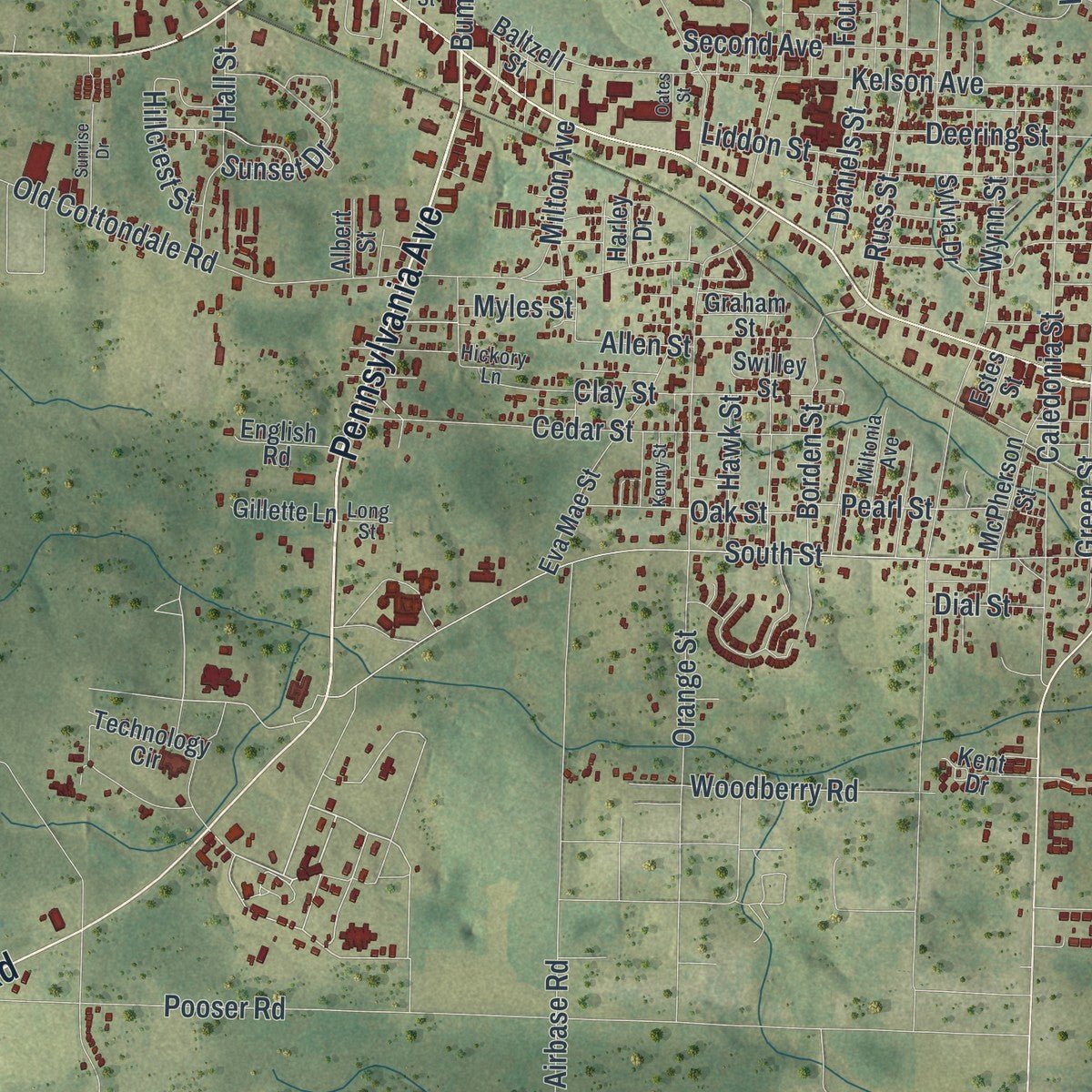 Close-up of the map of Marianna, Florida print showing street and building detail
