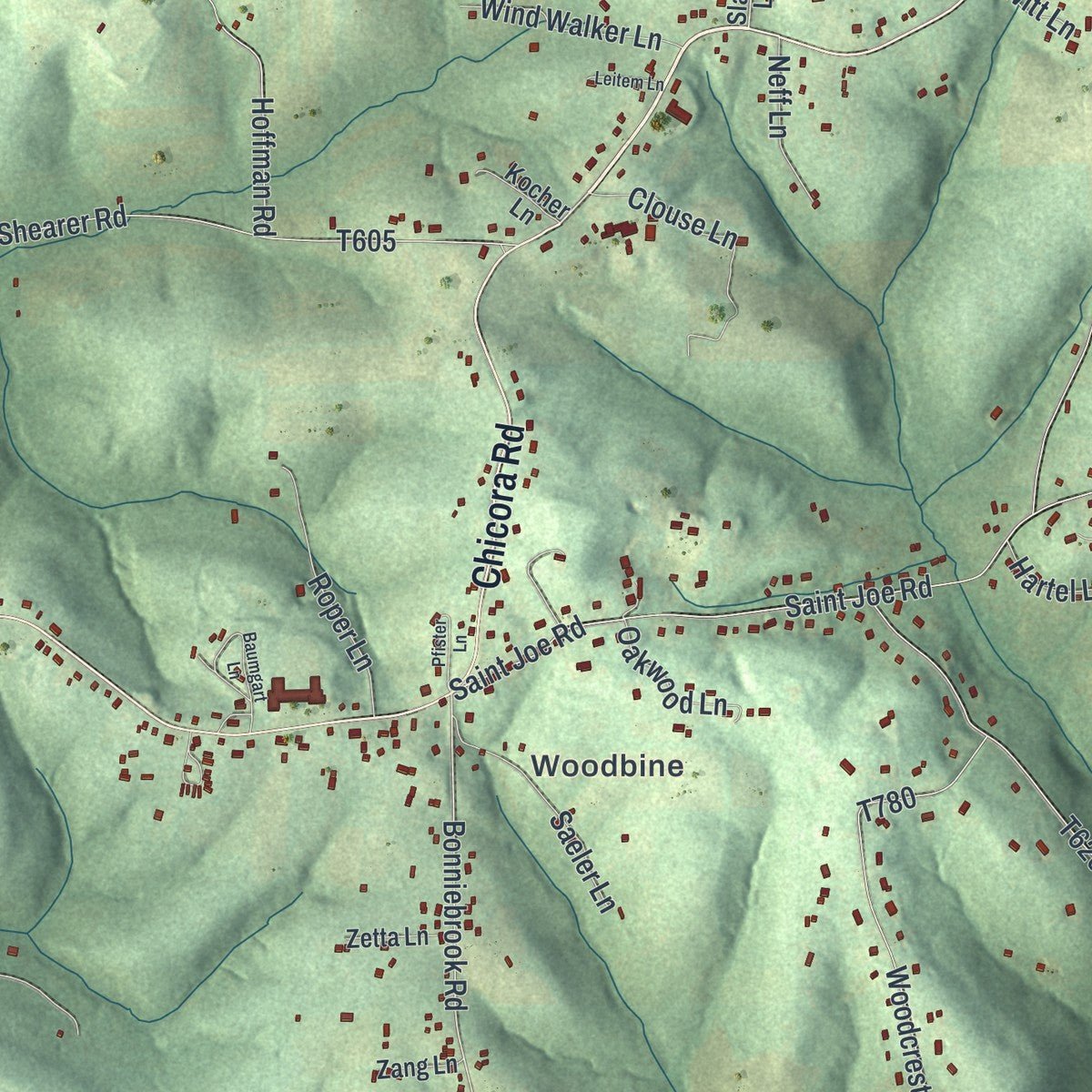 Close-up of the map of Oakland, Butler County, Pennsylvania print showing street and building detail