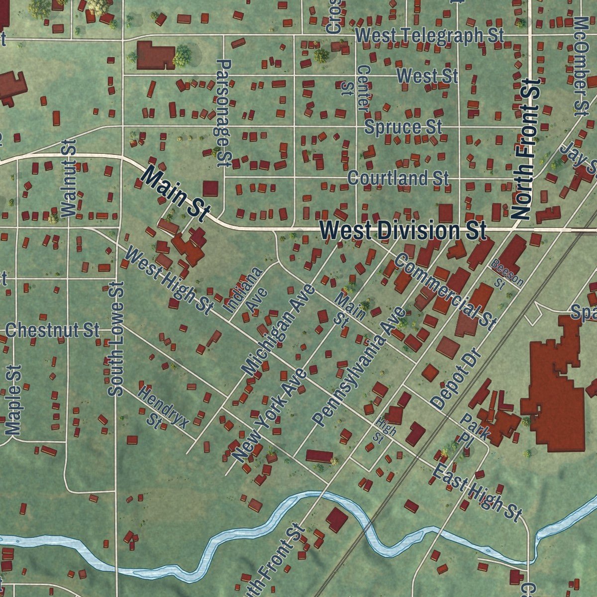 Close-up of the map of Dowagiac, Michigan print showing street and building detail